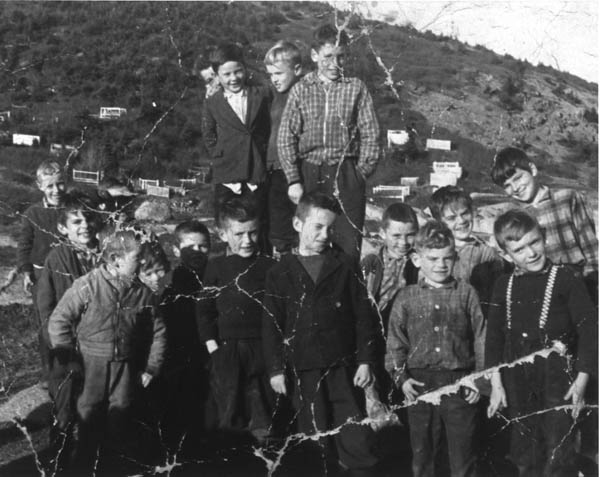 043: Group of Red Island children. (1962) [courtesy of Sadie (Norman) Kerrivan]  l-r front, unidentified, Phonse Mulrooney (checked shirt under jacket),unidentified,  unidentified, Leonard Mulrooney (face half shaded), Calvin Kerrivan (brush haircut),  Jim Mulrooney (center front), Leonard Barry (checked shirt with jacket), Raymond  Mulrooney (light hair, out front), Pius Mulrooney (behind, head tilted), unidentified,  Bill Mulrooney (behind, large plaid), l-r back, unidentified (hidden), unidentified,  Clarence Norman (blonde), Berkley Mulrooney (small-check jacket).